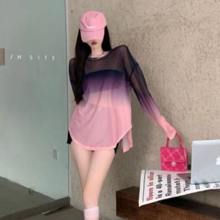 Hollow Leaky Back Strap บางส่วน Ice Silk Gradient Loose Sunscreen T-Shirt Women s Summer New French Top