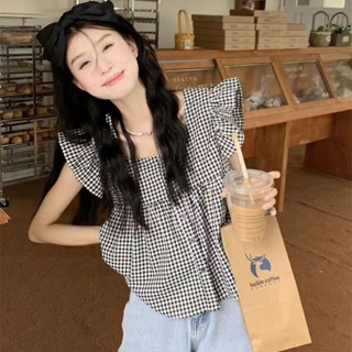 พร้อมส่ง💗สไตล์เกาหลีสีดำลายสก๊อตน่ารักสไตล์กระโหลกคอเหลี่ยมทรงหลวมแมทช์เสื้อเปิดหลังแขนพอง มี 2 สี