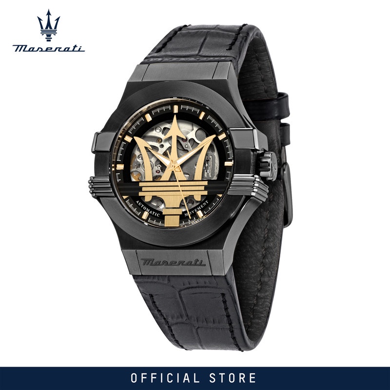 Maserati Potenza Automatic Skeleton Black Dial Black Leather Strap Watch For Men - R8821108039