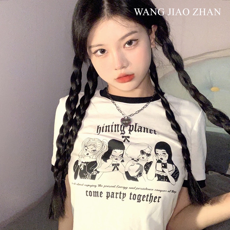 wang-jiao-zhan-เสื้อยืดแขนสั้น-พิมพ์ลาย-แฟชั่นสำหรับสตรี