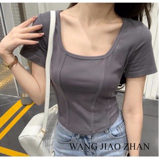 WANG JIAO ZHAN เสื้อยืด คอสี่เหลี่ยม แขนสั้น แบบเข้ารูป สไตล์เกาหลี เหมาะกับฤดูร้อน