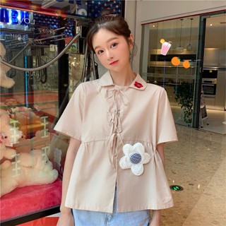 พร้อมส่ง💗เสื้อเชิ้ตแขนสั้นคอกลมปักลายดอกไม้สไตล์ญี่ปุ่นสีหวานผูกโบว์