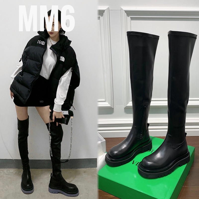 ขายใหญ่-xu-xiaopang-mb-bv-บู๊ทส์-mona-หญิงที่มีรองเท้าบูทหุ้มส้นหนาสีเดียวกันเข้าคู่กับรองเท้าบูทยางยืดสูงเหนือเข่า