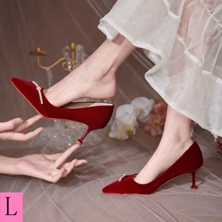 รองเท้าส้นสูง หัวแหลม ปากตื้น ประดับไข่มุก สีแดง แฟชั่นเจ้าสาว สําหรับผู้หญิง 2023