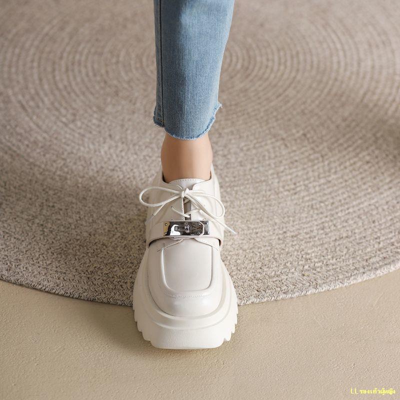 พร้อมส่ง-รองเท้าหนัง-mary-jane-ส้นหนาย้อนยุคสีขาวของผู้หญิงรองเท้าแพลตฟอร์มผูกเชือกส้นหนาใหม่ของผู้หญิง