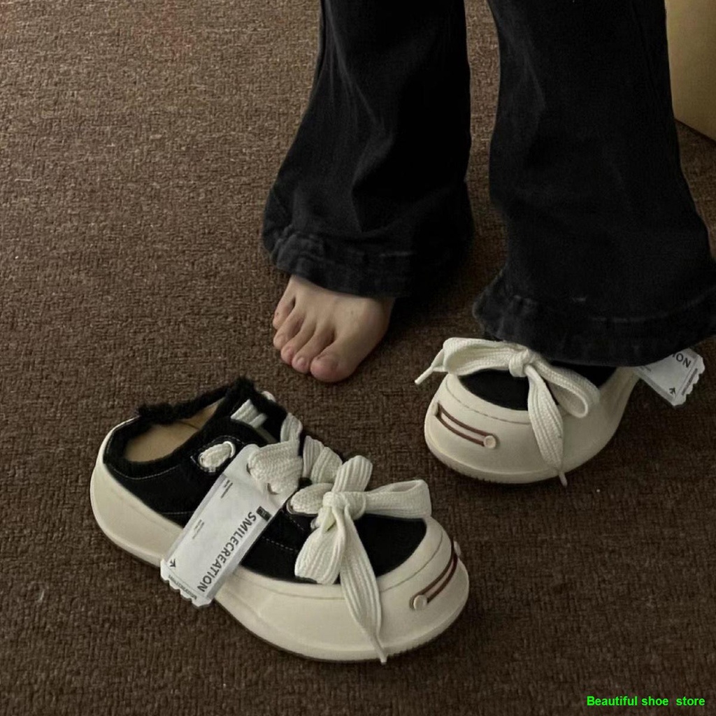 best-sellersmingdian-tan-jianci-รองเท้าผ้าใบ-smile-half-รองเท้าแตะ-one-pedal-white-shoes