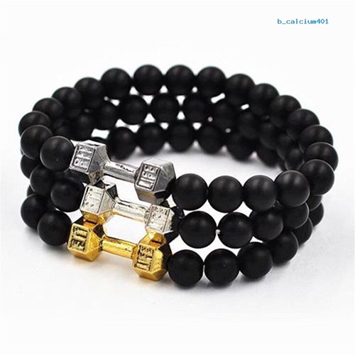 calciumsp-unisex-fashion-black-matte-stone-dumbbell-fitness-gym-adjustable-punk-bracelet
