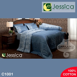 JESSICA ชุดผ้าปูที่นอน Cotton 100% พิมพ์ลาย Graphic C1001 สีน้ำเงิน #เจสสิกา ชุดเครื่องนอน ผ้าปู ผ้าปูเตียง ผ้านวม