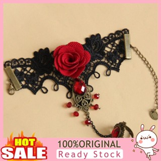 [B_398] Rose Decor Black Lace Bracelet Women Faux Faux Pearl Ring Hand Chain Jewelry Accessory