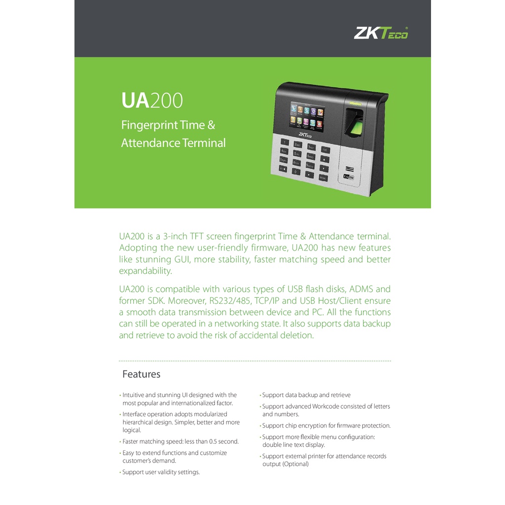 zkteco-ua200-time-attendance-เครื่องสแกนลายนิ้วมือ-รับประกัน-2-ปี