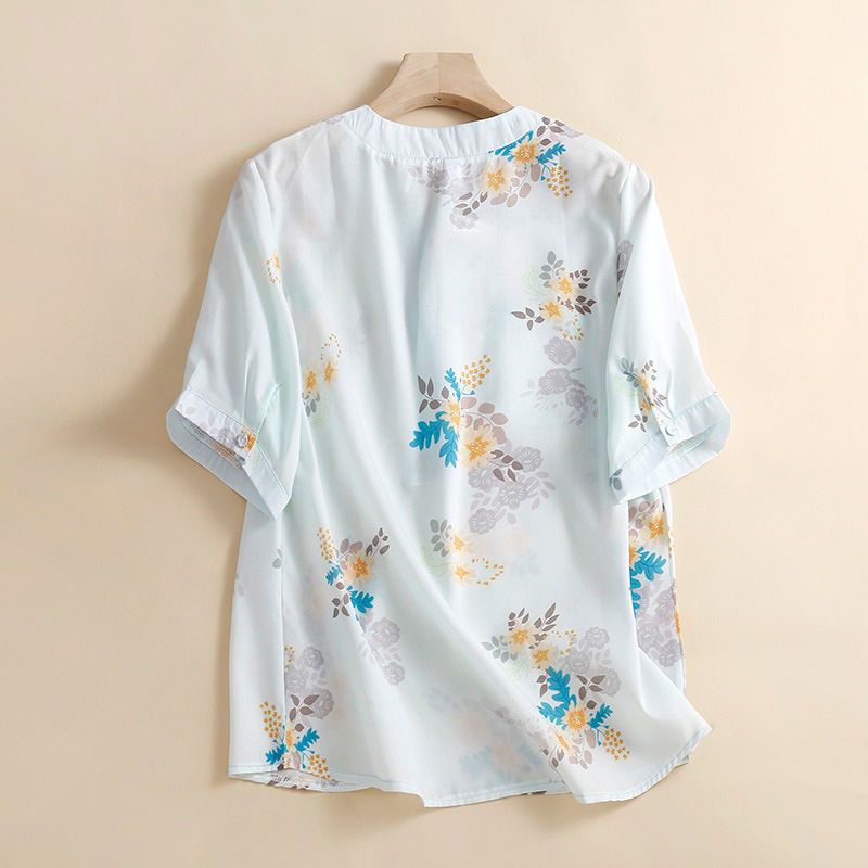 หยิบขึ้นและถอนเสื้อผ้าสตรีป้ายชื่อใหญ่อารมณ์ผ้าป่านคอวีด้านบนหลวมผ้าฝ้ายผ้าลินินลายดอกไม้เสื้อแขนสั้น