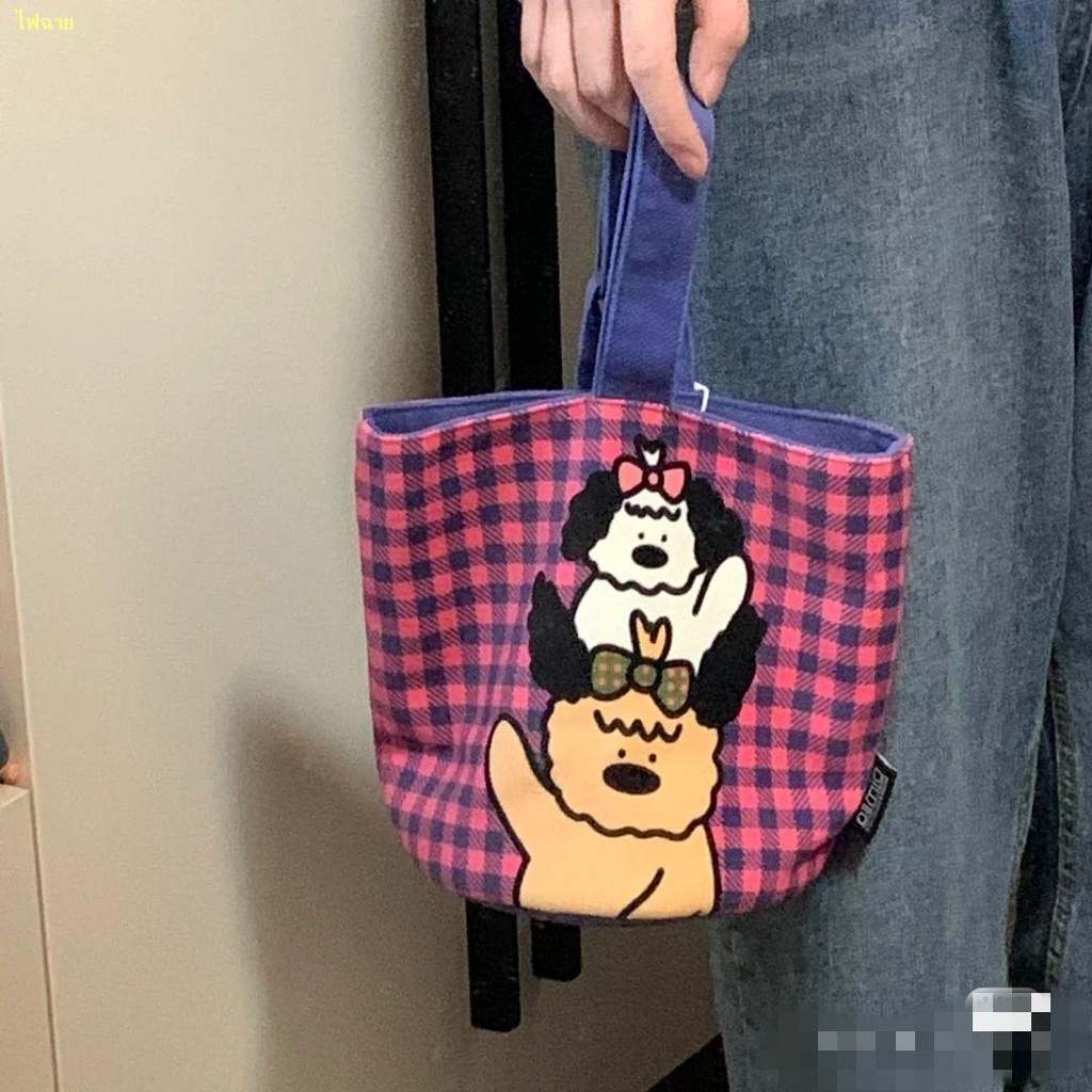 stop-2023-กระเป๋าถือ-canvas-plaid-dog-bag-cute-japanese-retro-bucket-round-bag
