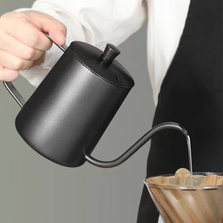 🌞พร้อมฝา กาดริป สแตนเลส เคลือบเทฟลอน 600ml/350ml สีเงิน/สีดำ Stainless Pour-over Coffee Drip Pot AG666