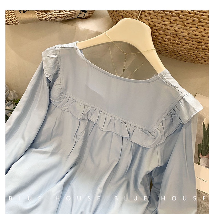 พร้อมส่ง-เสื้อเชิ้ตแฟชั่นสไตล์เกาหลีสีฟ้าหวานปุ่มคอวีแขนยาวหลวมใหม่มืออาชีพเสื้อลูกไม้น่ารัก-มี-2-สี