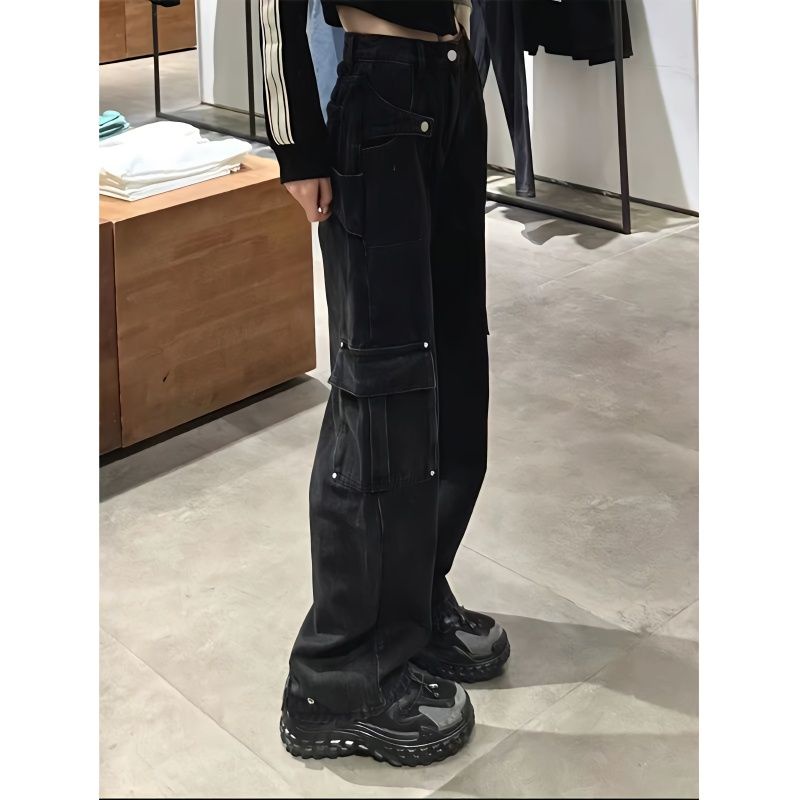 s-4xl-หลายกระเป๋า-กางเกงยีนส์เอวสูงสีดำเครื่องมืออเมริกันขนาดใหญ่ปิดเนื้อหลวมและกางเกงขากว้างบาง