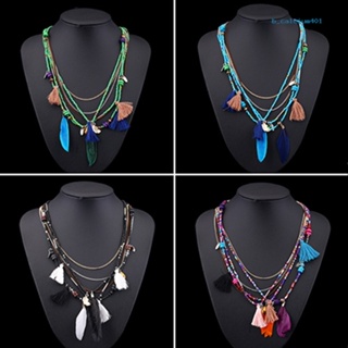 Calciumsp Womens Boho Ethnic Style Feathers Tassels Beads Multi-layer Chain Necklace