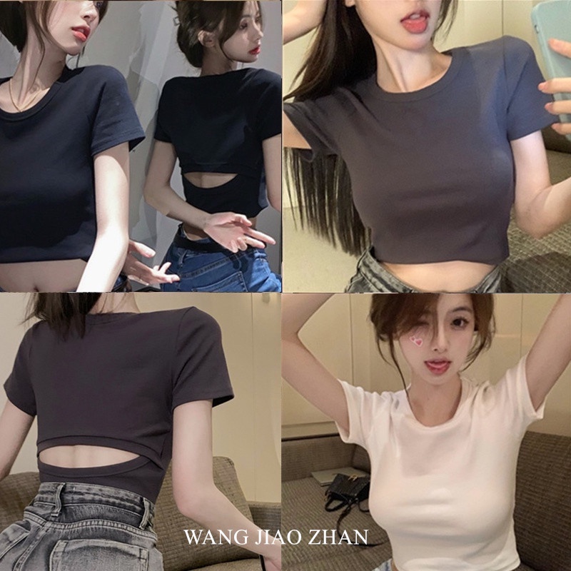 wang-jiao-zhan-เสื้อครอปท็อปแขนสั้น-เปิดหลังเซ็กซี่-สีพื้น-แฟชั่นสําหรับเด็กผู้หญิง