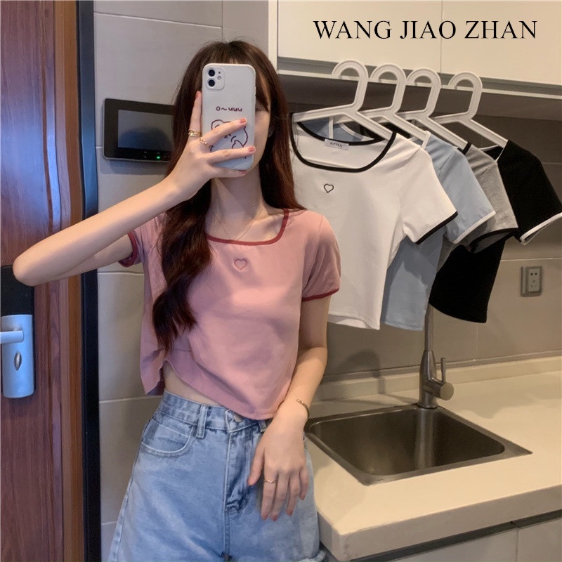 wang-jiao-zhan-เสื้อยืดแฟชั่น-แขนสั้น-ปักลายหัวใจ-สไตล์เกาหลี