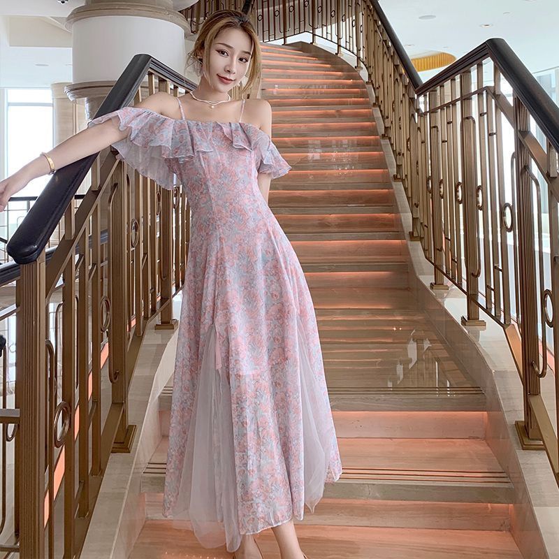 เดรสลายดอกไม้ย้อนยุคฝรั่งเศสฤดูร้อนเฉพาะกระโปรงนางเงือกกระโปรงเอวอารมณ์ชุดนางฟ้าวันหยุด