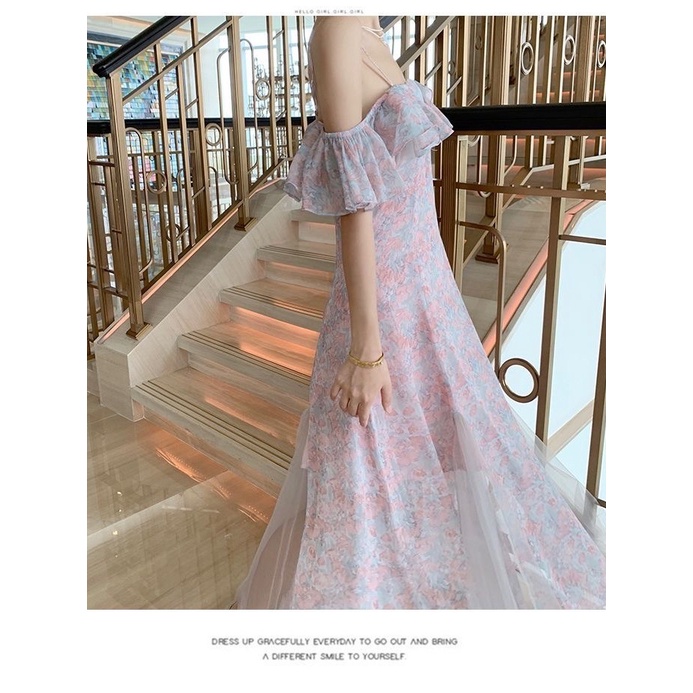 เดรสลายดอกไม้ย้อนยุคฝรั่งเศสฤดูร้อนเฉพาะกระโปรงนางเงือกกระโปรงเอวอารมณ์ชุดนางฟ้าวันหยุด