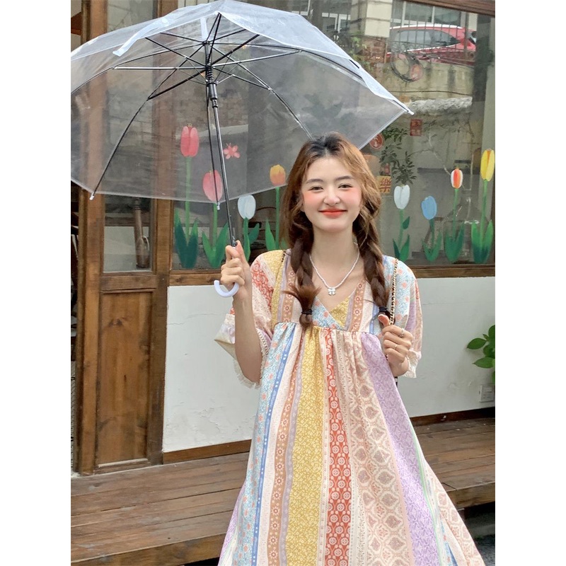 การแต่งกายสไตล์ชาติพันธุ์สไตล์พระย้อนยุคในฤดูร้อนคอวีอาวุโสแขนสั้นหลวมยาวนางฟ้าฝรั่งเศส