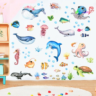 【AG】1 Set Wall Stickers Sea Turtle Octopus Fish Cartoon Bright Color PVC Marine Wall Posters Home