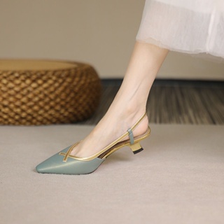 🌈เตรียมจัดส่ง🔥 รองเท้าส้นสูงปลายแหลมสไตล์ฝรั่งเศสหนังนุ่มสีเขียววินเทจดีไซน์เรียบง่าย