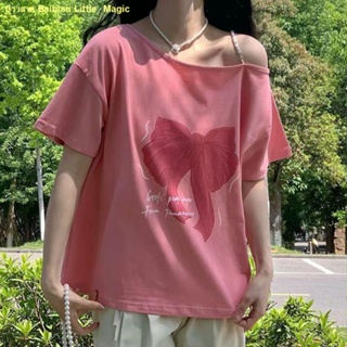 🍋คะนอง🍋2023 ใหม่ญี่ปุ่นหลวมเกาะอกสายโซ่พิมพ์เสื้อยืดแขนสั้นผู้หญิง