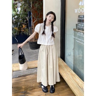 พร้อมส่ง✅ เสื้อเชิ้ตแขนสั้นสีขาวน่ารัก + กระโปรงทรงเอเอวสูงตัวหลวมๆ จั้มสูทสีหวาน