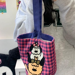 🌜stop🌜2023 กระเป๋าถือ Canvas Plaid Dog Bag Cute Japanese Retro Bucket Round Bag