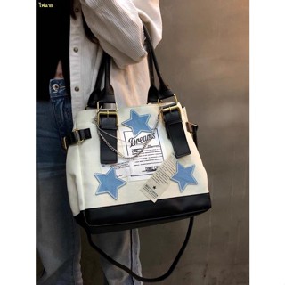 🍠stop🍠Star Tote Bag Retro English Canvas กระเป๋า Messenger ความจุขนาดใหญ่