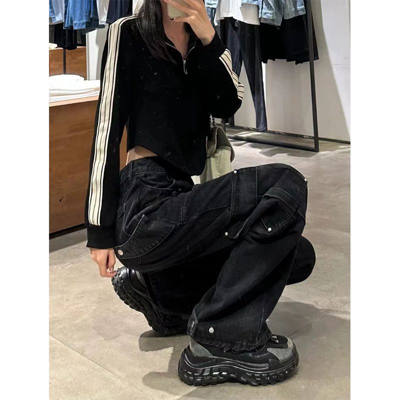 s-4xl-หลายกระเป๋า-กางเกงยีนส์เอวสูงสีดำเครื่องมืออเมริกันขนาดใหญ่ปิดเนื้อหลวมและกางเกงขากว้างบาง