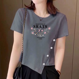 เสื้อยืดแขนสั้น ประดับลูกปัด ทรงไม่สม่ําเสมอ แฟชั่นทันสมัย สําหรับผู้หญิง