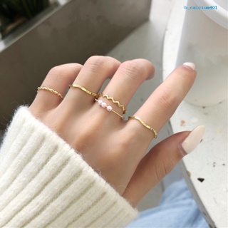 Calciumps 5Pcs Finger Rings Wavy Japan Korean Style Faux Pearls Jewelry Electroplating Stackable Rings