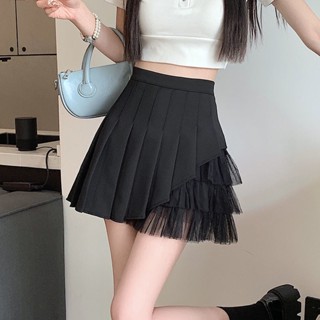 🌸S~4XL สีดำ ผ้าตาข่ายเย็บจับจีบสไตล์เกาหลีเอวสูงสลิมกระโปรง
