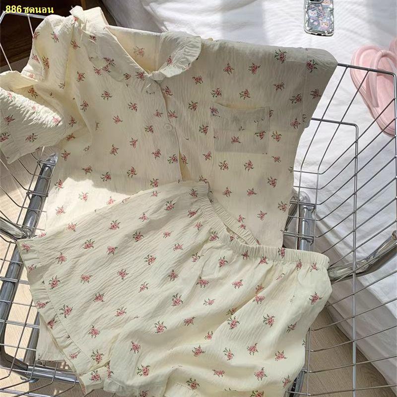 จัดส่งทันที-ruffled-pyjamas-เสื้อสเวตเตอร์ถักทรงหลวมของผู้หญิงชุดบริการบ้านดอกไม้ขนาดเล็กใหม่