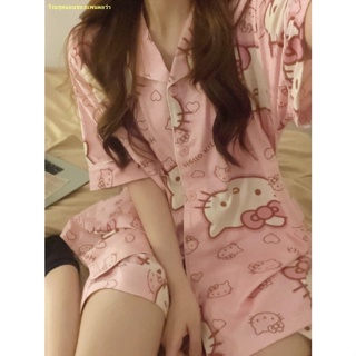 🗻สปอตสินค้า🌋ชุดนอนแมว Hellokitty น่ารักของผู้หญิงใหม่การ์ตูนชุดลำลองสวมอยู่บ้านเสื้อผ้า