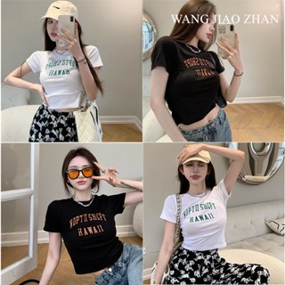 WANG JIAO ZHAN เสื้อยืดแขนสั้น พิมพ์ลายตัวอักษร แบบเข้ารูป สําหรับผู้หญิง