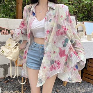 พร้อมส่ง💗เสื้อเชิ้ตโปโลผ้าชีฟองลายดอกไม้อารมณ์หลวมสบาย ๆ เสื้อคอปกยาวปานกลางส่วนบางครีมกันแดดด้านบน