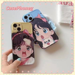 🍑CasePhoneg🍑ป้องกันการหล่น ขอบเต็ม iPhone 11 14 pro max การ์ตูน สาวน้อย รุ่นคู่ สีฟ้า สีเหลือง case for iPhone 12 13