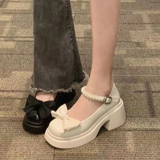►✆☁Mary Jane รองเท้าสตรี 2023 ฤดูใบไม้ผลิใหม่แฟชั่นหวานโบว์ส้นหนาส้นหนารองเท้าหนังมุกรองเท้าคู่เดียว