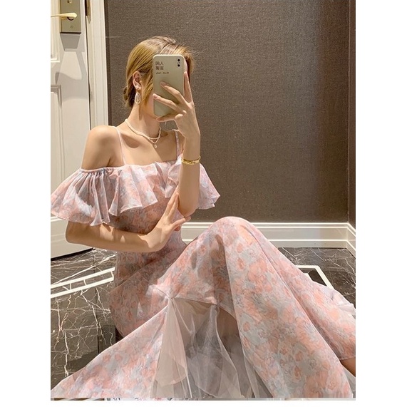 เดรสลายดอกไม้ย้อนยุคฝรั่งเศสฤดูร้อนเฉพาะกระโปรงนางเงือกกระโปรงเอวอารมณ์ชุดนางฟ้าวันหยุด