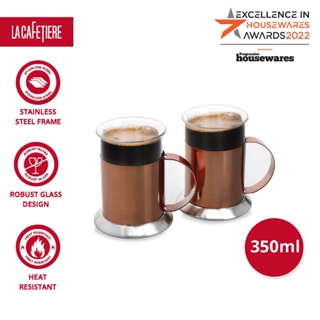 La Cafetiere Set of 2 Polished Copper Coffee Cups, Heat-Resistant Borosilicate Glass and Stainless Steel Bottom Frame w/ Handle, Perfect for Espresso, Latte, Cappuccino ,Flat White แก้วกาแฟ เซต 2 ใบ