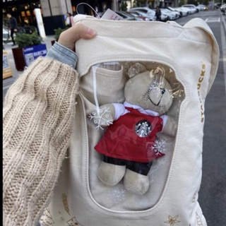 ใหม่ Starbucks กระเป๋าสะพายไหล่ ผ้าแคนวาส ทรงโท้ท ขนาดใหญ่ จุของได้เยอะ ลายตุ๊กตาหมี คริสต์มาส
