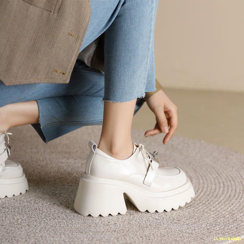 พร้อมส่ง-รองเท้าหนัง-mary-jane-ส้นหนาย้อนยุคสีขาวของผู้หญิงรองเท้าแพลตฟอร์มผูกเชือกส้นหนาใหม่ของผู้หญิง