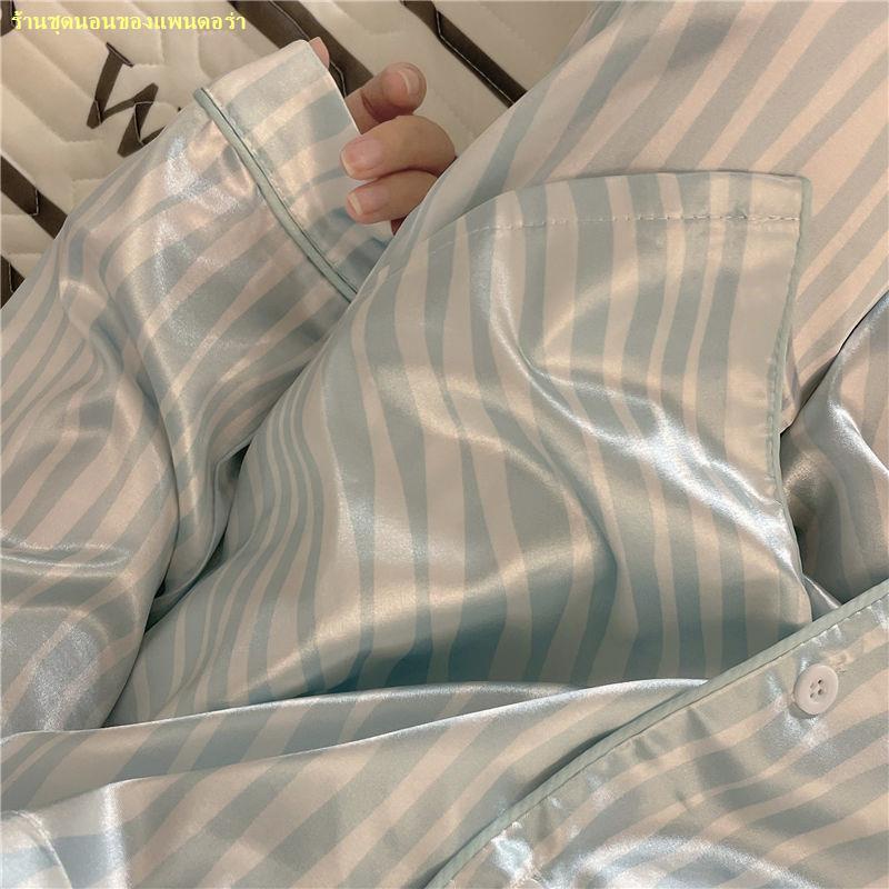 stop-ชุดอยู่บ้านผ้าไหมน้ำแข็งลายทางชุดนอนสตรีสีน้ำเงินสามารถใส่ออกไปข้างนอกได้