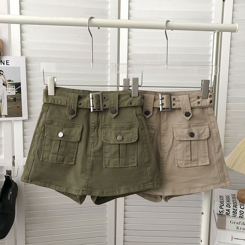 กางเกงคาร์โก้-กระโปรงคาร์โก้สั้น-ผู้หญิงฤดูร้อนปี-2023-สไตล์เกาหลีชุดเอไลน์กระโปรงสะโพก-มีซับในกางเกงขาสั้