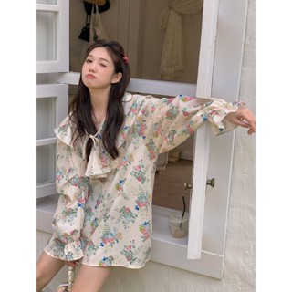 พร้อมส่ง✨สไตล์แฟชั่นอารมณ์สไตล์เกาหลีเสื้อเชิ้ตแขนยาวลายดอกไม้สไตล์ใหม่สไตล์ Preppy Sweet Forest ความยาวปานกลางผูกเชือกด