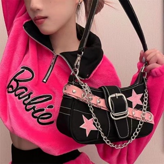 ✗☎♙2022 ใหม่ออกแบบเฉพาะสีชมพูเข็มขัดStarกระเป๋าสะพายBaguette Y2K Hot Girl CHAINรักแร้กระเป๋าหญิง