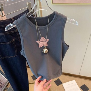 เสื้อกล้ามแขนกุด เข้ารูป สีเทาเข้ม แฟชั่นฤดูร้อน สไตล์อเมริกัน สําหรับผู้หญิง